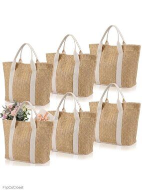 Set of 6 Handwoven Burlap Beach Straw Tote Bags for Bridesmaid Party